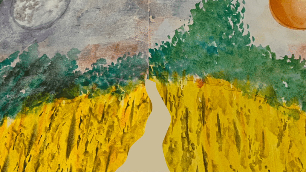 Self-healing through travel - watercolor painting showing full moon and sun suspended in balance on either side of a highway by Ella Boleynn