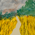 Self-healing through travel - watercolor painting showing full moon and sun suspended in balance on either side of a highway by Ella Boleynn